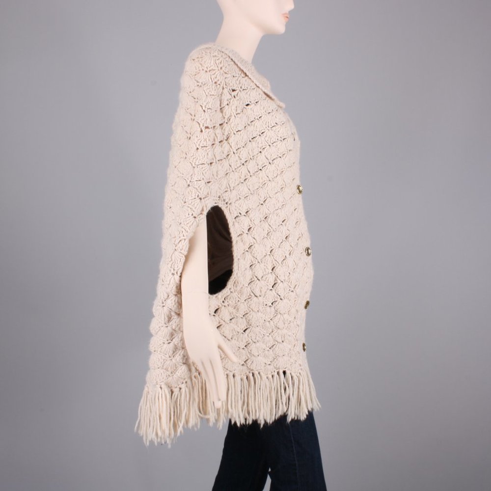 Vintage 60s Crochet Sweater Knit Fringe Poncho - Picture 2 of 6